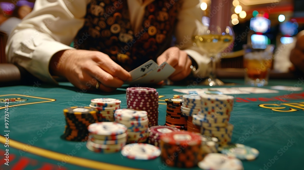 Shuffling Cards at Poker Table: A dealer shuffling cards with precision at a busy poker table, chips and drinks visible.
Shuffling Cards at Poker Table: A dealer shuffling cards with precision at a busy poker table, chips and drinks visible.