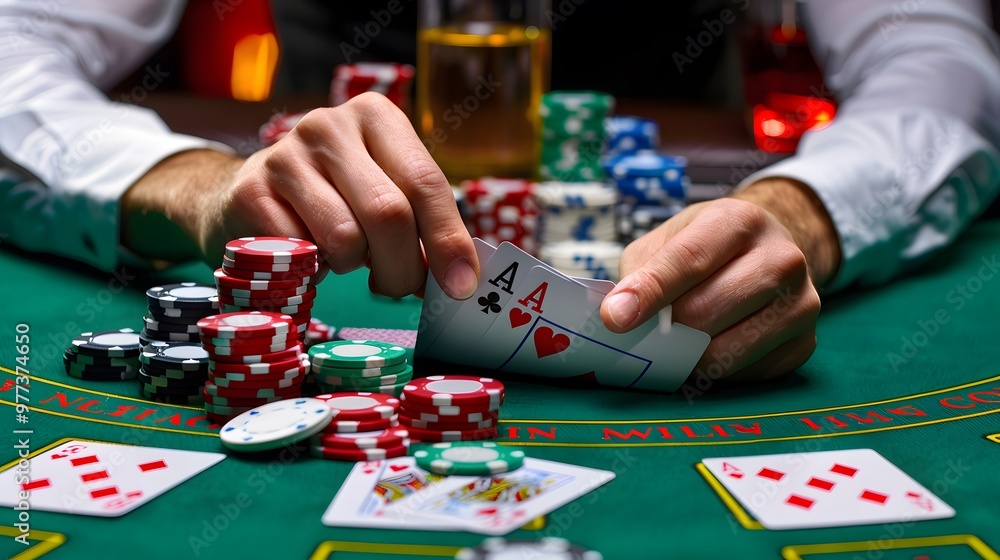 Shuffling Cards at Poker Table: A dealer shuffling cards with precision at a busy poker table, chips and drinks visible.
Shuffling Cards at Poker Table: A dealer shuffling cards with precision at a busy poker table, chips and drinks visible.