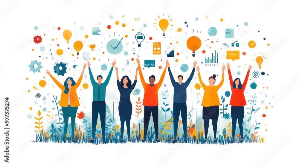 A group of people are holding hands in a field with a lot of different symbols A group of people are holding hands in a field with a lot of different symbols