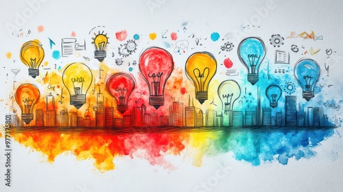 A drawing of a city with many colorful lights and a few people