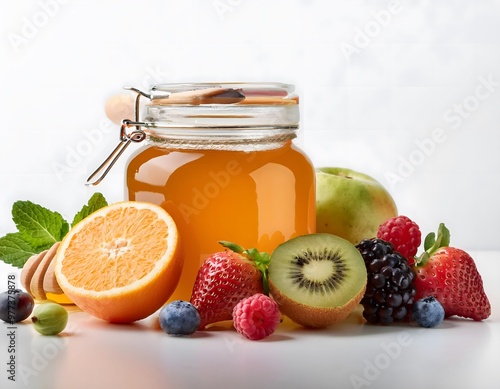 Jar of Honey and Fresh Fruits on a White Background