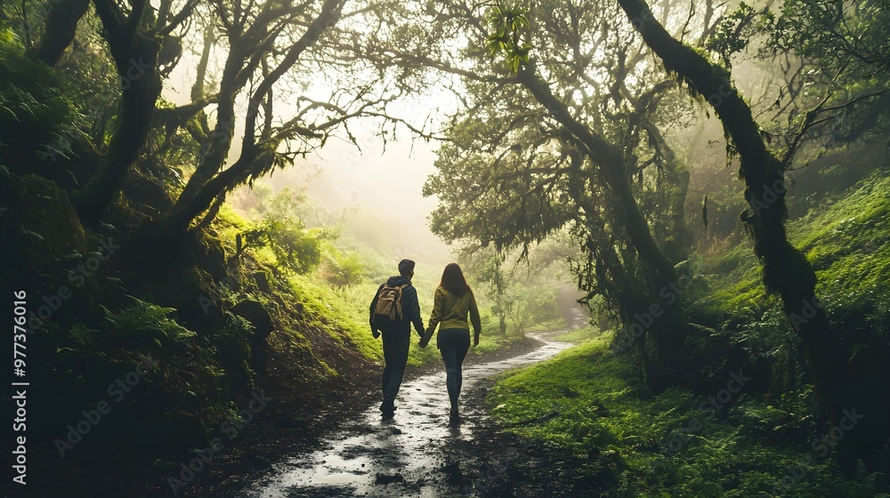 Couple hiking through mystical forest trail under trees Couple hiking through mystical forest trail under trees