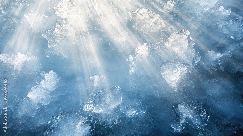 Fototapeta premium Abstract frozen air beneath clear ice, with rays of sunlight shining through, offering a sense of warmth and hope in the cold