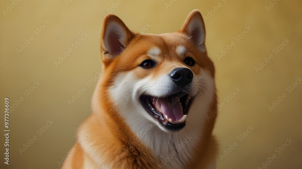 Happy shiba inu dog on yellow. Red-haired Japanese dog smile portrait Happy shiba inu dog on yellow. Red-haired Japanese dog smile portrait