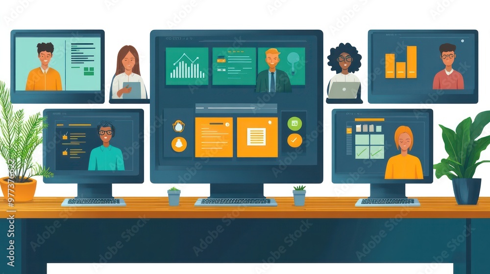 A computer monitor displays a group of people on a screen A computer monitor displays a group of people on a screen