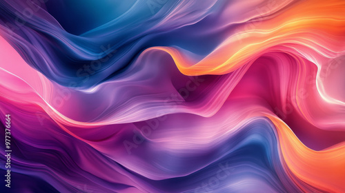 “This captivating abstract digital artwork showcases smooth, flowing waves of gradient hues, blending shades of purple, pink, blue, and orange. A vibrant and fluid composition