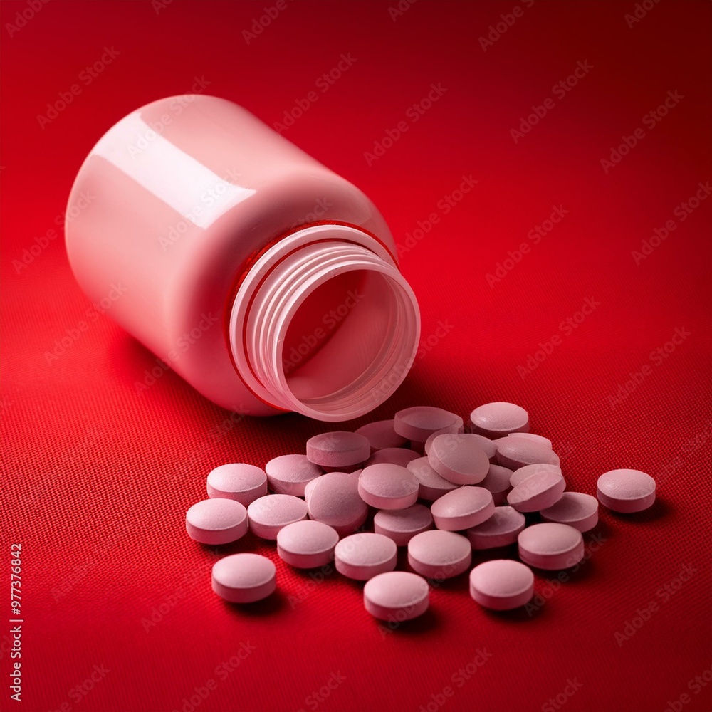 pill bottle and pills on red background pill bottle and pills on red background