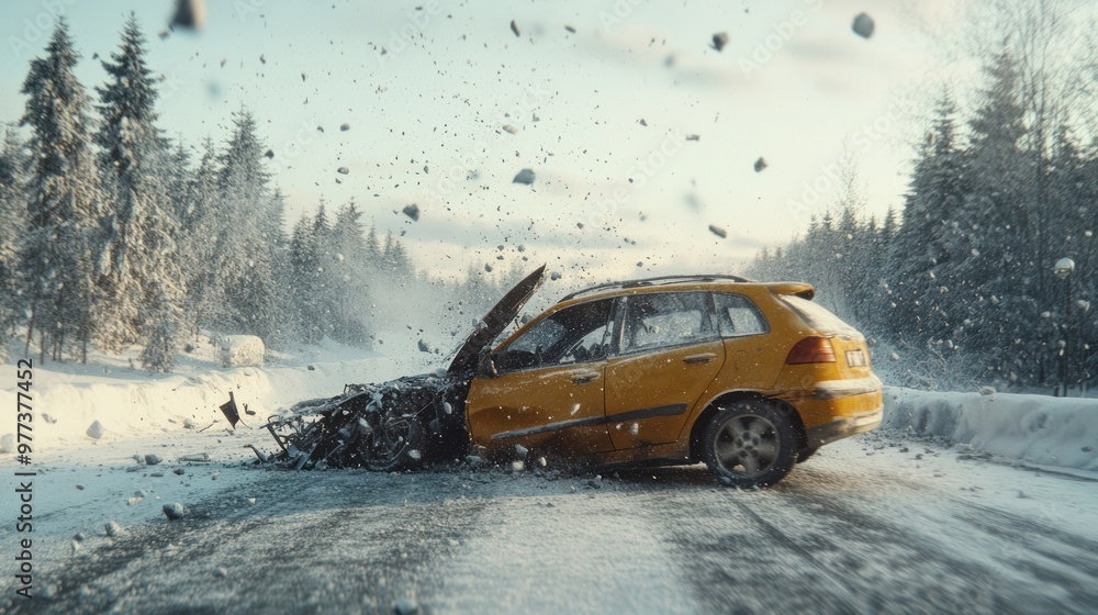 Obraz premium Yellow car in a severe accident on icy rural road.