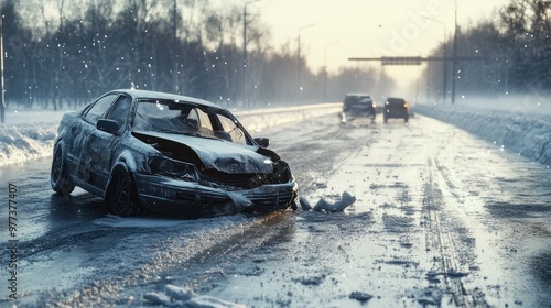 Front-end car crash on icy road with falling snow. photo