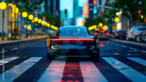 Autonomous smart car scans the road operates the machine automatically stops at the crosswalk in the city.