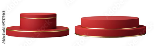 two red podium with golden outline isolated on transparent background, showcase stand for product advertisement