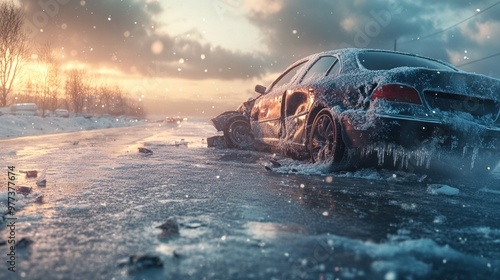 Car crash on icy road during winter sunset snowfall photo