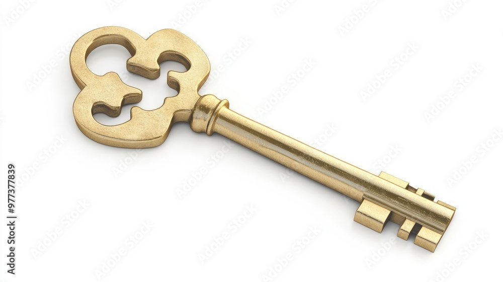 Abstract golden key unlocking an intricate puzzle of problems, symbolizing solutions and innovation, placed on a white background Abstract golden key unlocking an intricate puzzle of problems, symbolizing solutions and innovation, placed on a white background