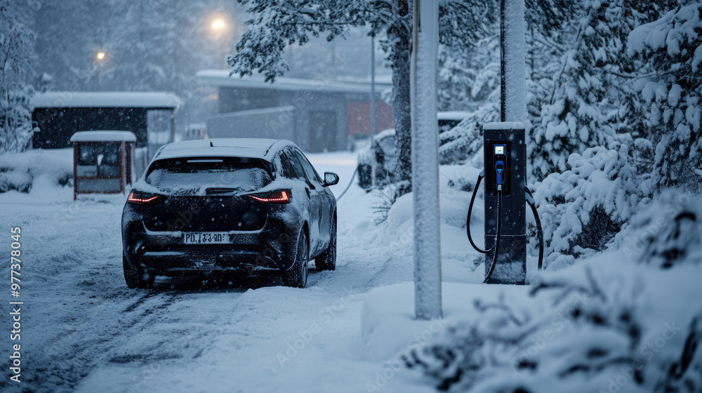Fototapeta premium Electric car charging in a snow-covered station in evening.