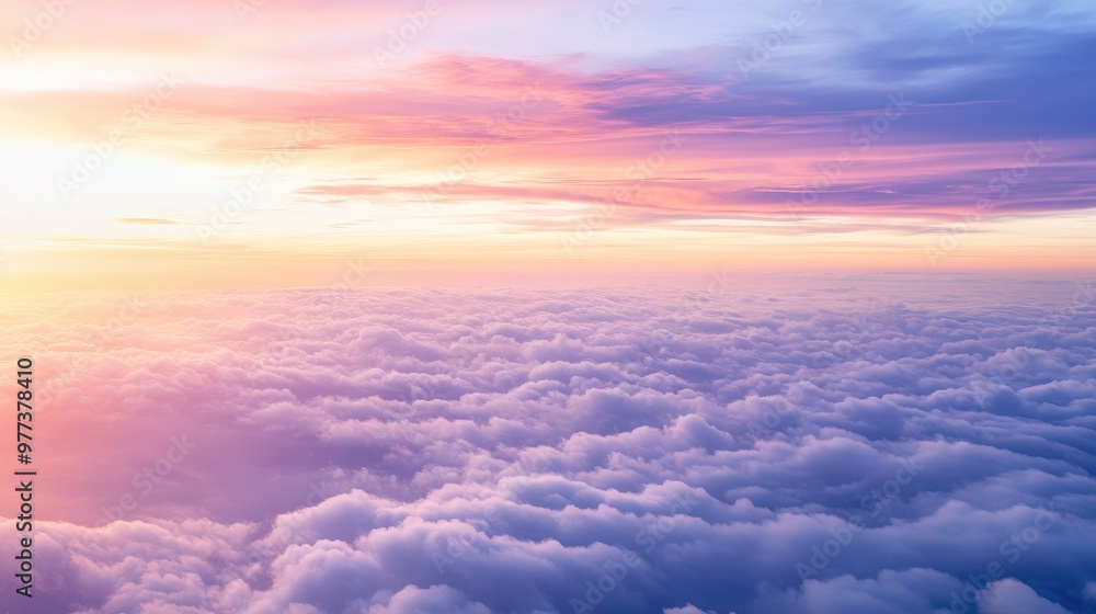 Aerial view from an airplane flying above clouds during sunset, with the sky painted in soft pinks, purples, and oranges Aerial view from an airplane flying above clouds during sunset, with the sky painted in soft pinks, purples, and oranges