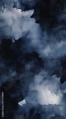 A mesmerizing dark abstract watercolor background featuring deep blues and soft, cloudy textures for artistic projects.