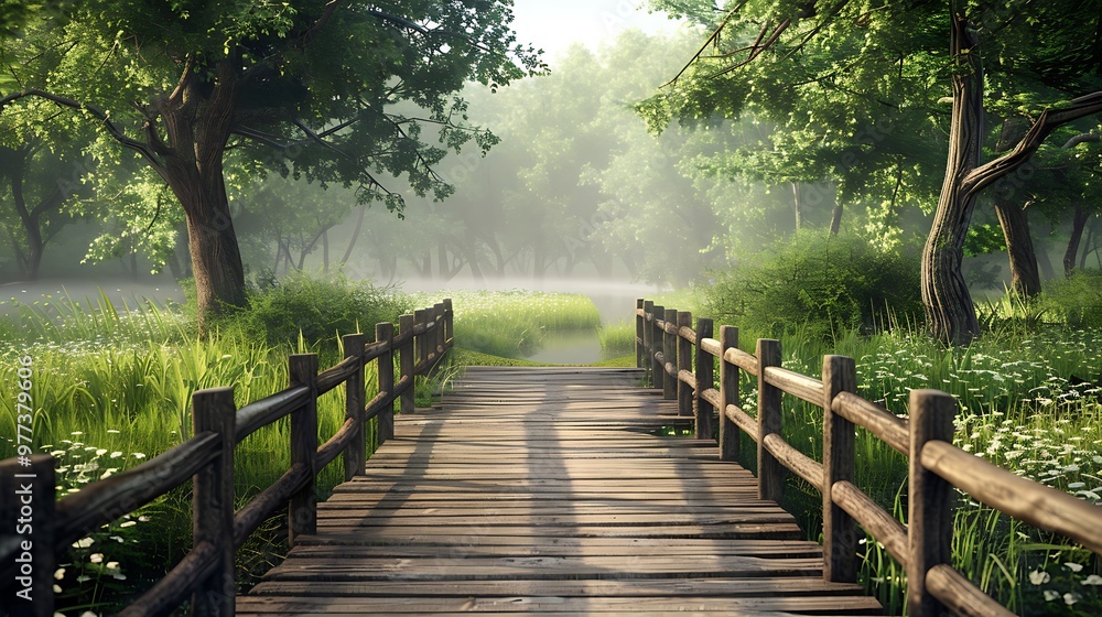 Wood footbridge over grassy plants field with soaring trees Wood footbridge over grassy plants field with soaring trees