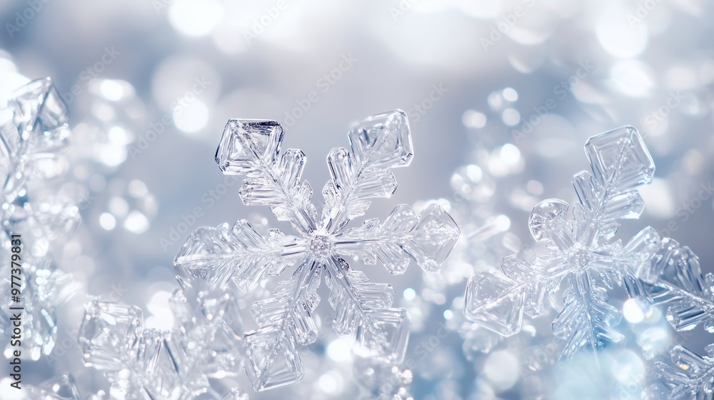 Macro view of snoflakes on blue lurred background. Copy space for text. horizontal image, pattern. For wallpaper, banner, design, business, blog, youtube, card, poster, new year, valentine's day Macro view of snoflakes on blue lurred background. Copy space for text. horizontal image, pattern. For wallpaper, banner, design, business, blog, youtube, card, poster, new year, valentine's day
