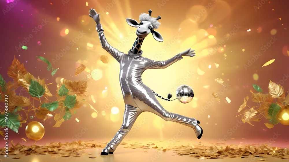 giraffe in a sparkly disco outfit with a shiny, silver afro wig, striking a groovy pose with one leg kicked out and a hoof in the air. It has an exaggerated, joyful grin, with big eyes closed. giraffe in a sparkly disco outfit with a shiny, silver afro wig, striking a groovy pose with one leg kicked out and a hoof in the air. It has an exaggerated, joyful grin, with big eyes closed.