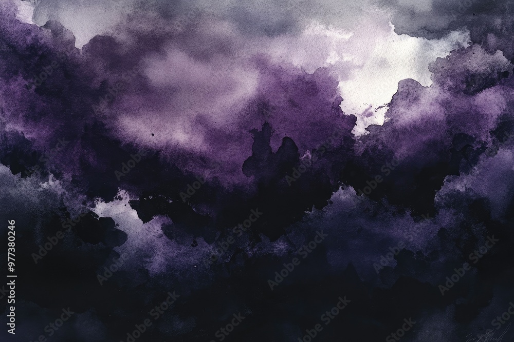 Naklejka premium An abstract watercolor painting featuring dark purple clouds blending into a moody sky, perfect for artistic backgrounds.