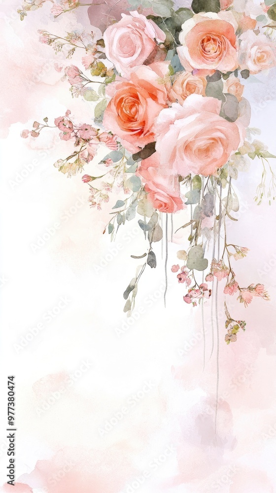 Fototapeta premium Delicate arrangement of soft pink roses with leafy accents, perfect for weddings, romantic projects, or floral decor.