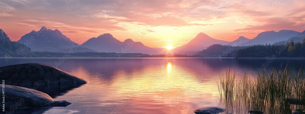 Sunset over a tranquil lake with mountains in the distance. Nature background. Travel banner Sunset over a tranquil lake with mountains in the distance. Nature background. Travel banner