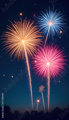 Vertical background. Multicolored fireworks against the night sky. Happy Christmas and New Year backdrop