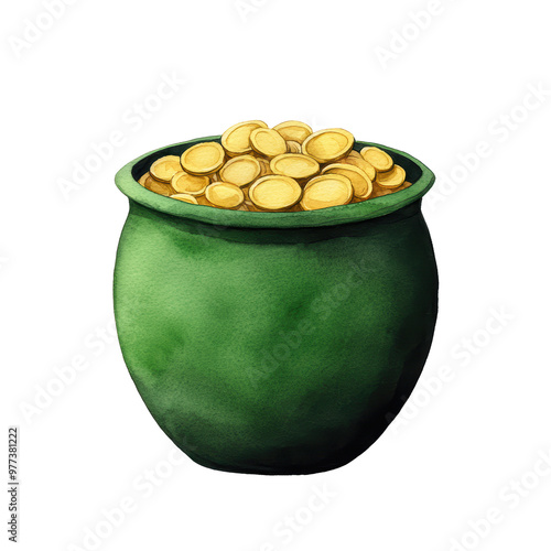 Pot of Gold: Whimsical Illustration of a Green Vessel Overflowing with Gleaming Gold Coins Transparent Background photo