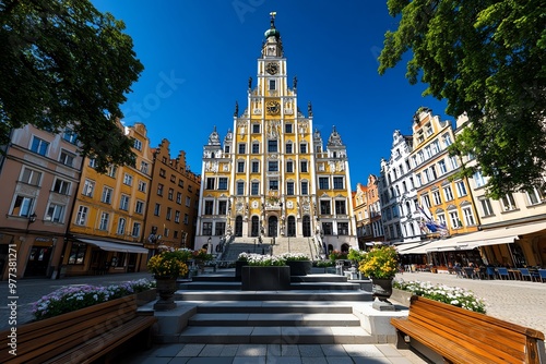 The impressive facade of GdaÅ„skâ€™s Old Town Hall, standing tall in the heart of the historic district photo