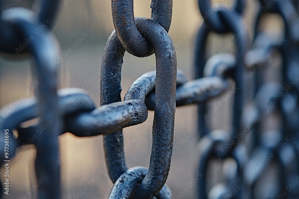 A detailed close-up of a strong black metal chain link, showing its texture and strength, set against a blurred background. A detailed close-up of a strong black metal chain link, showing its texture and strength, set against a blurred background.