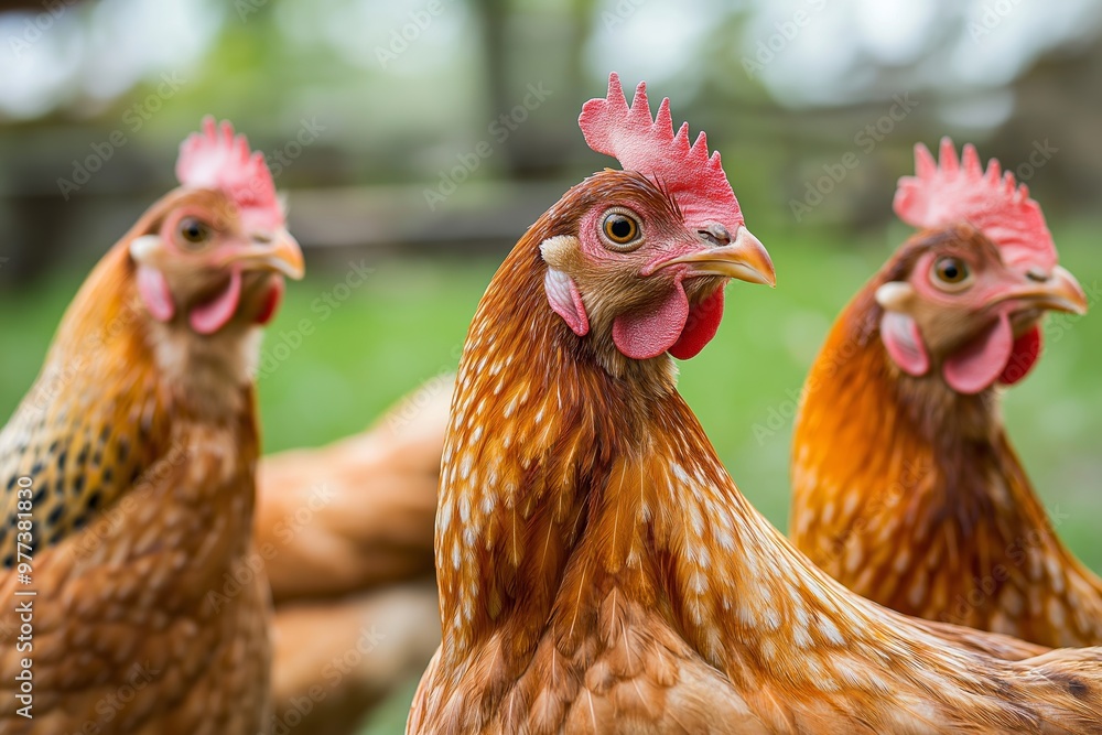 Naklejka premium Close-up of three chickens standing together in a green, open area, representing farm life and animal community.
