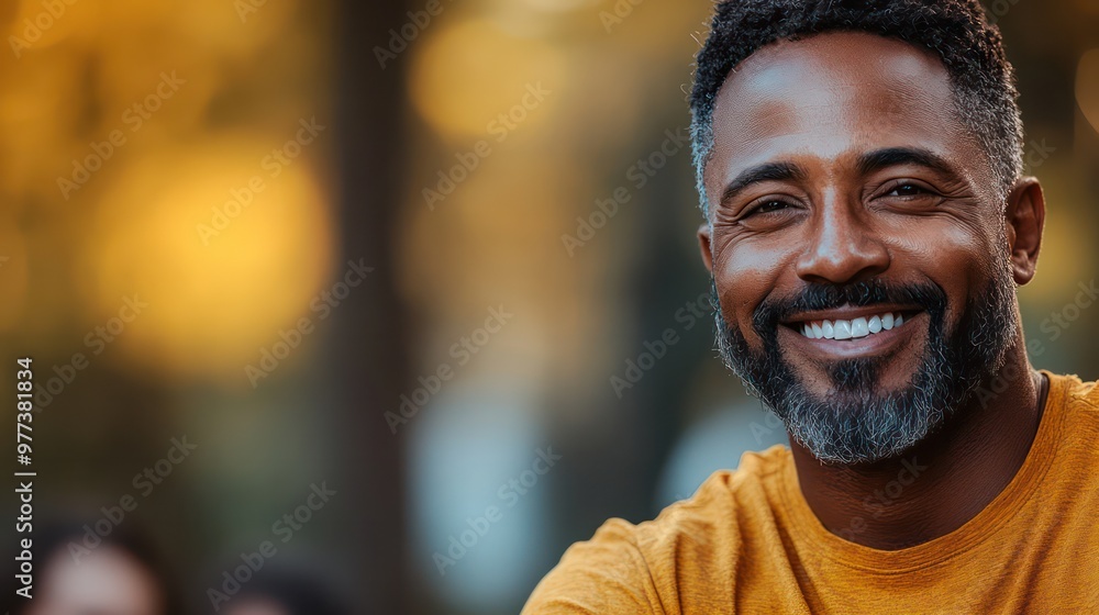 A man with a beard and a smile is wearing a yellow shirt A man with a beard and a smile is wearing a yellow shirt