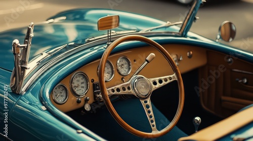 A blue car with a wooden steering wheel and a chrome dashboard