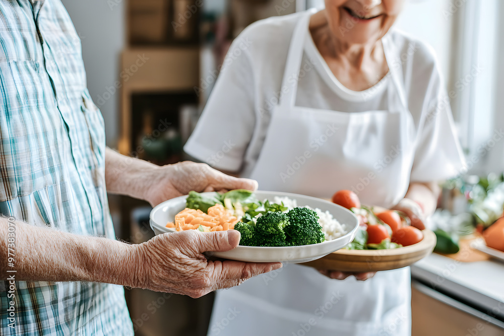 Senior Patient and Young Caregiver with Food Plate, Compassionate Elderly Care and Nutrition Support Senior Patient and Young Caregiver with Food Plate, Compassionate Elderly Care and Nutrition Support