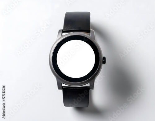 A modern smartwatch with a blank screen on a white background.