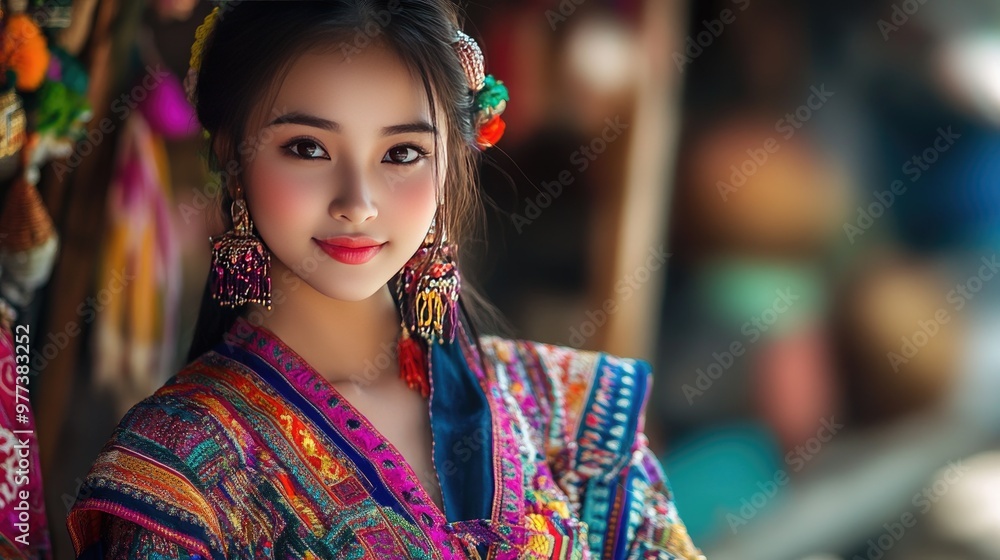 A beautiful Thai woman in a colorful dress. A beautiful Thai woman in a colorful dress.