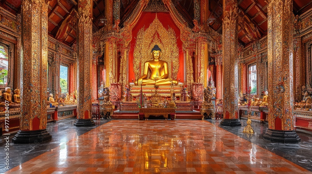 Fototapeta premium A beautiful Thai temple with a golden Buddha.