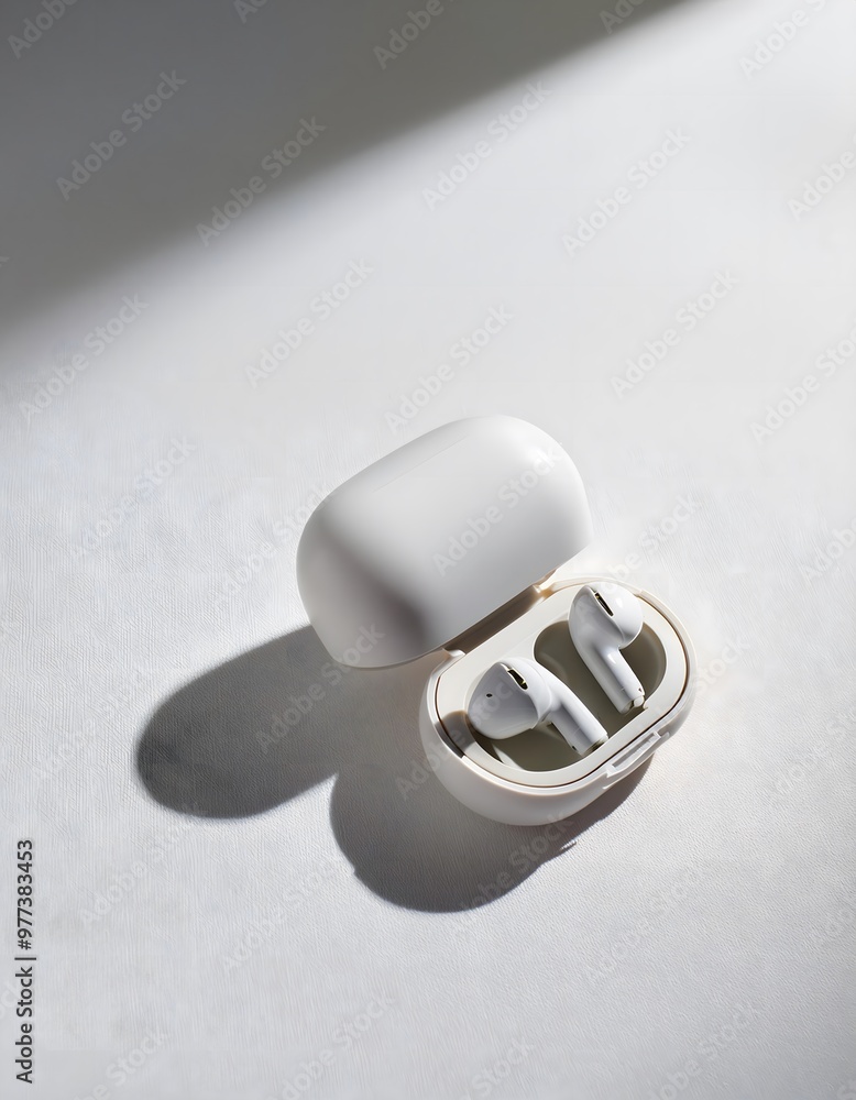 A pair of wireless earbuds with their charging case on a white background A pair of wireless earbuds with their charging case on a white background