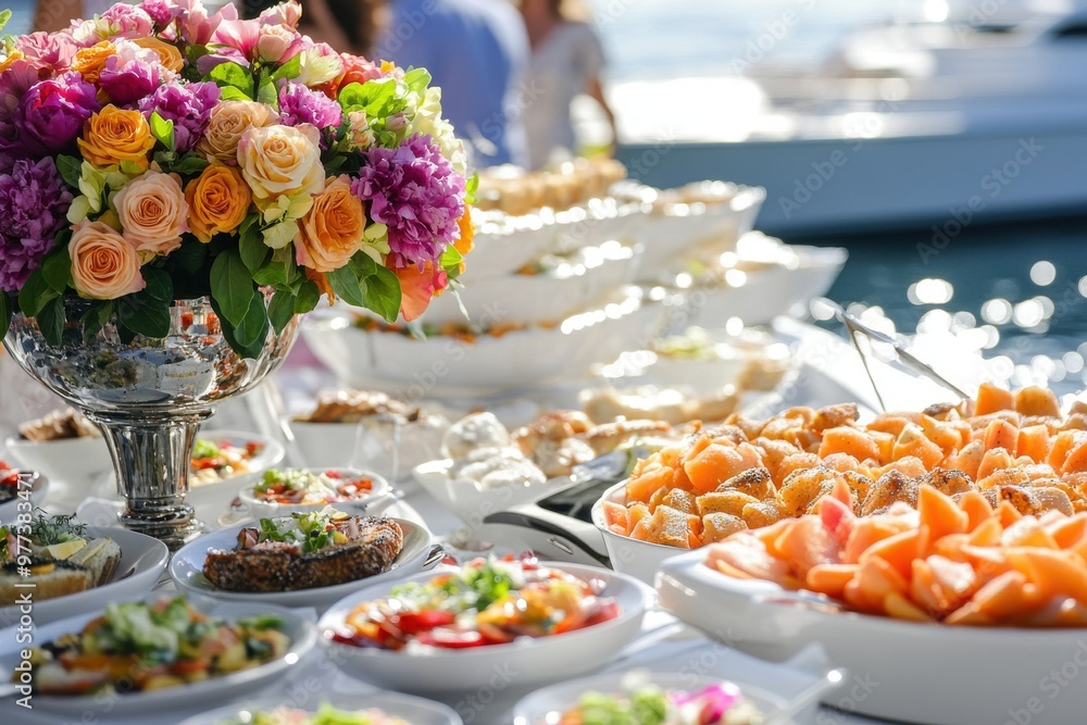 a luxury wedding party dining on a yacht. a luxury wedding party dining on a yacht.