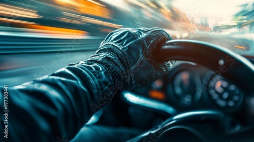 Focused Race Driver: Determination in the Eyes, Hands Firm on Steering Wheel in High-Speed Action
