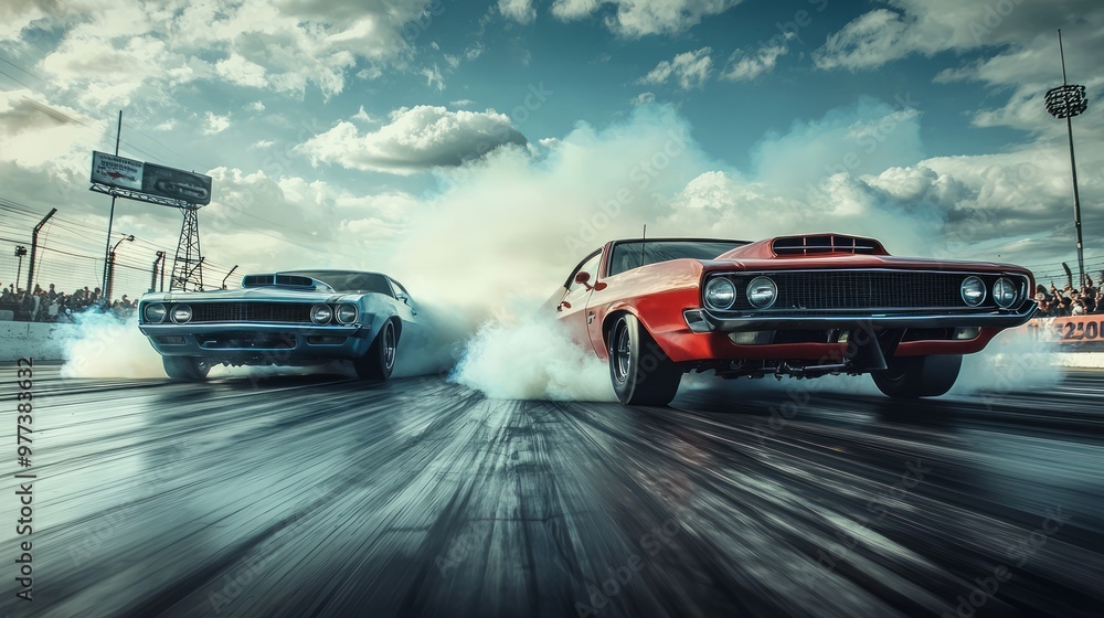 High-Speed Showdown: Two Powerful Cars in a Thrilling Drag Race Launching with Smoke and Speed for a Dramatic Scene