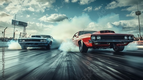 Obraz na płótnie High-Speed Showdown: Two Powerful Cars in a Thrilling Drag Race Launching with Smoke and Speed for a Dramatic Scene w salonie