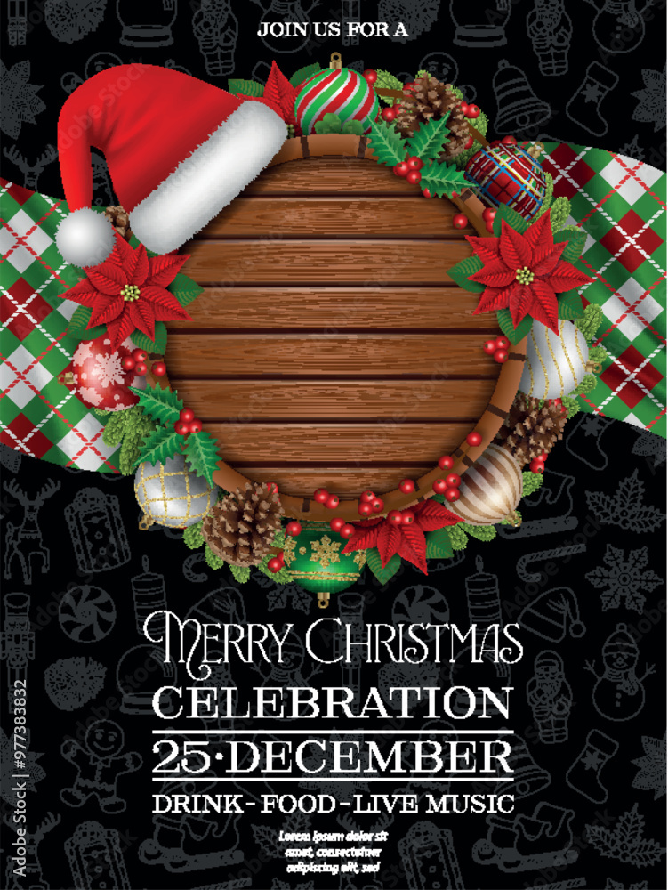 Φωτογραφία christmas party background with wooden signboard and santa claus hat