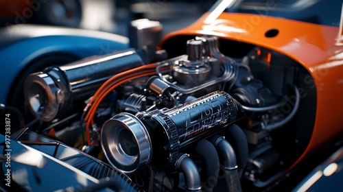 Precision Power: Close-up of High-Performance Race Car Engine Bay Revealing Intricate Components