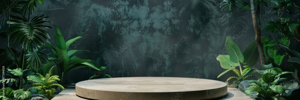 Background podium jungle product platform 3D green wood display pedestal. Background podium jungle tree nature leaf tropical cosmetic summer forest plant garden stage water presentation stone table Background podium jungle product platform 3D green wood display pedestal. Background podium jungle tree nature leaf tropical cosmetic summer forest plant garden stage water presentation stone table