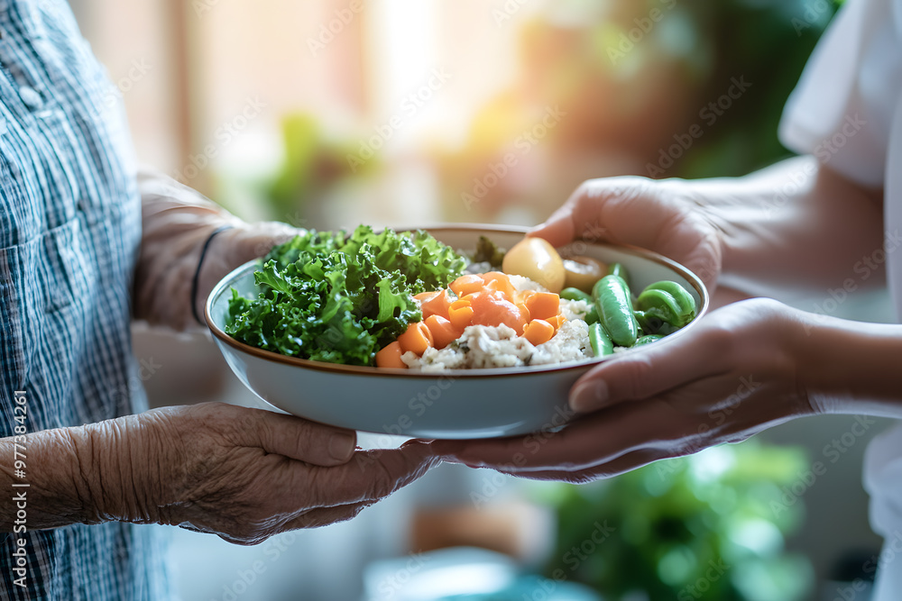 Senior Patient and Young Caregiver with Food Plate, Compassionate Elderly Care and Nutrition Support Senior Patient and Young Caregiver with Food Plate, Compassionate Elderly Care and Nutrition Support