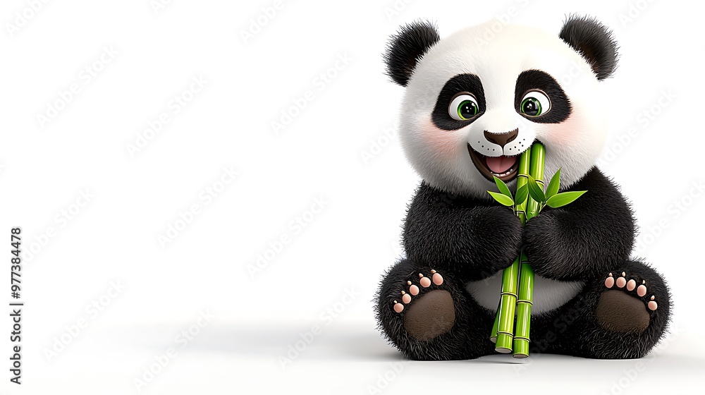 A playful panda bear contentedly chews on bamboo, embodying charm and joy. A playful panda bear contentedly chews on bamboo, embodying charm and joy.