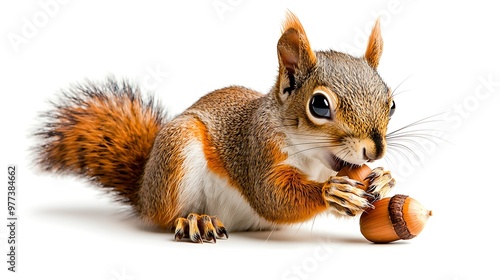 A squirrel munches on an acorn, isolated on a white background, highlighting its adorable features.