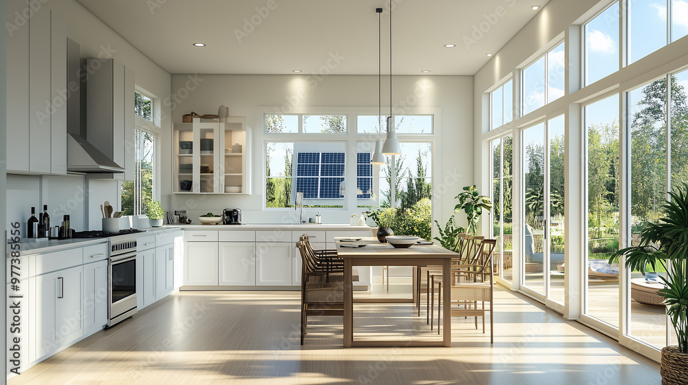 A bright, open kitchen with energy-efficient appliances, a sustainable dining set, and solar panels visible through large windows A bright, open kitchen with energy-efficient appliances, a sustainable dining set, and solar panels visible through large windows