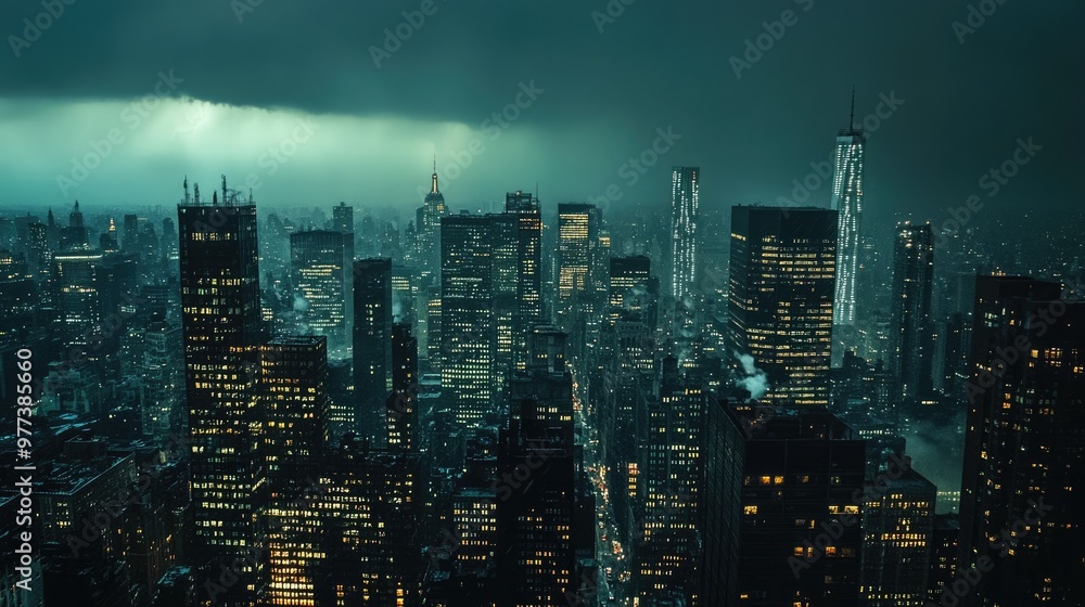 Fototapeta premium A cityscape at night, with a thunderstorm brewing in the distance.